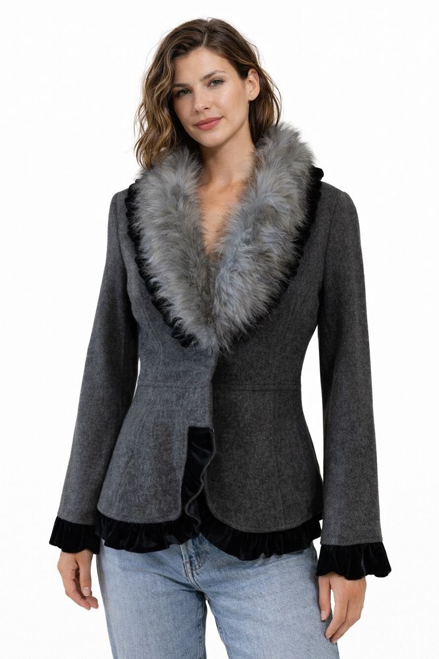 Vintage 2000s Roz & Ali Gray Faux Fur Collar Wool Blazer NWT size small